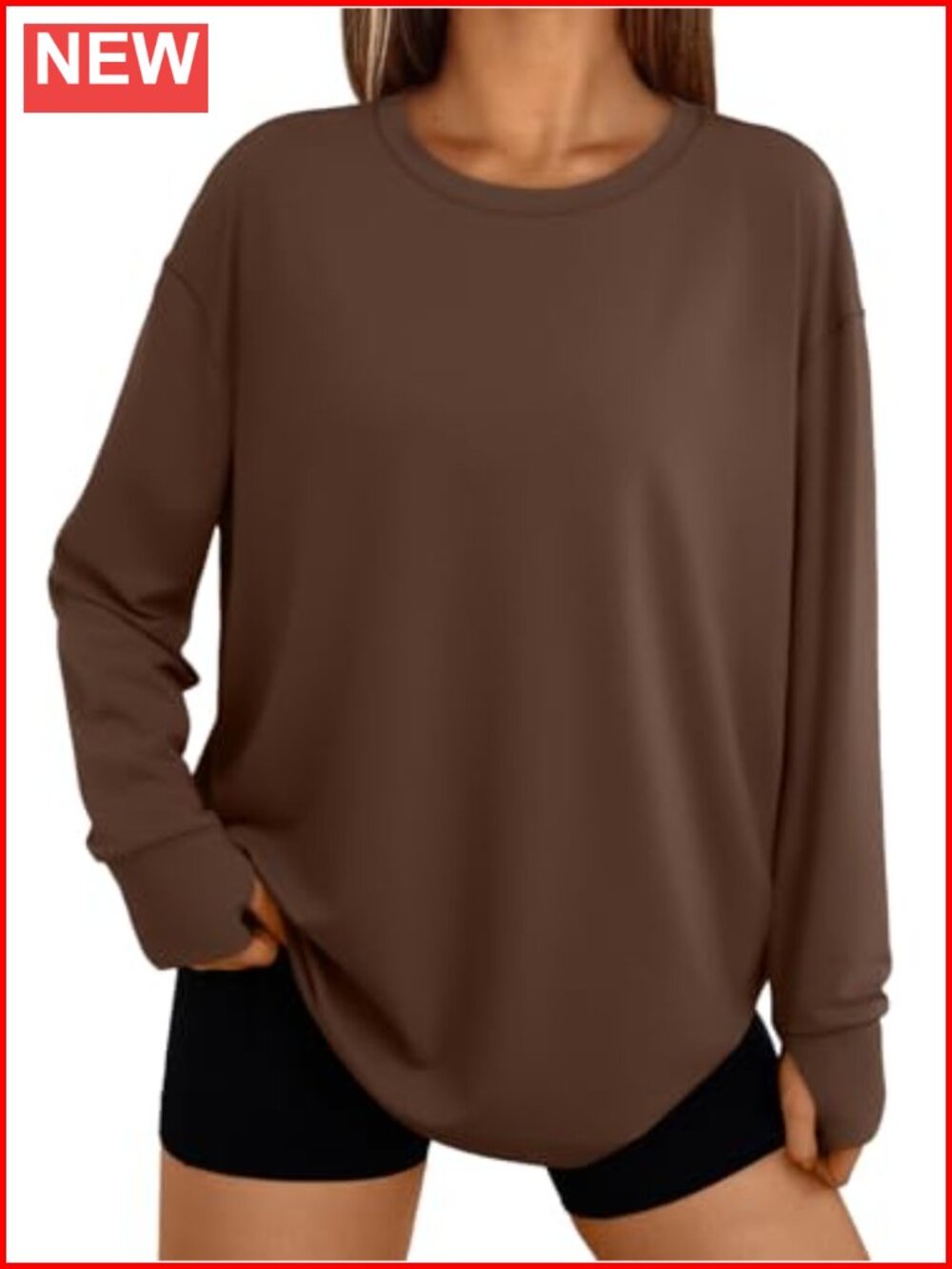 Oversized Long Sleeve Thumb Hole Tee Women Crew Neck Stretchy Fall Tunic Top